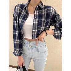 批发春秋季长袖<b class='q'>格子衬衫</b>外套女宽松显瘦高腰短款上衣洋气