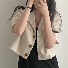 批发新版已出 ins博主薄款短袖<b class='q'>亚麻</b>西装短<b class='q'>外套</b>