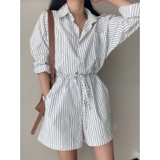 批发chic 春夏韩系新款翻领气质百搭<b class='q'>条纹</b>抽绳显瘦休闲度假<b class='q'>衬衣</b>连体裤