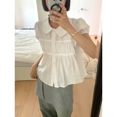 批发chic 韩系夏季甜美减龄娃娃领蕾丝花边皱褶单排扣<b class='q'>泡泡袖</b>衬衫<b class='q'>上衣</b>