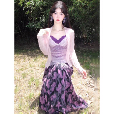 批发网纱拼接蕾丝碎花吊带连衣裙女夏独特漂亮紫色<b class='q'>包臀</b><b class='q'>长裙</b>开衫三件套