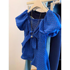 批发蓝色<b class='q'>波点</b>蝴蝶结短袖<b class='q'>衬衫</b>女2026新款夏季法式复古修身漂亮小上衣超