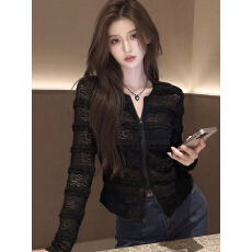 批发2026春季新款黑色蕾丝拉链开衫<b class='q'>女长袖</b>修身设计高级感小众上衣圆领