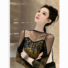 批发2026年春新款性感网纱拼接长袖T恤女<b class='q'>时尚</b>印花上衣镂空心机<b class='q'>打底衫</b>