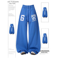 批发复古街头风蓝色抽绳卫裤女数字6印花松紧腰垂感阔腿拖地<b class='q'>运动</b>裤女