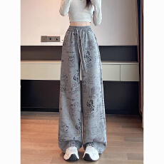 批发今年流行卡通涂鸦印花阔腿梧桐裤女春秋2026新款高腰宽松<b class='q'>运动</b>休闲