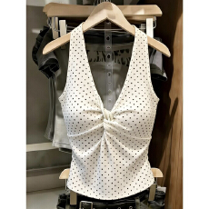 批发法式复古波点扭结V领挂脖吊带<b class='q'>背心女</b>春夏季修身显瘦性感露背上衣