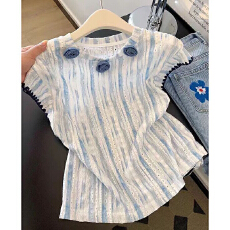 批发法式别致蓝色花朵条纹小飞袖衬衫女内搭外穿打底无袖<b class='q'>t</b><b class='q'>恤</b>背心上衣