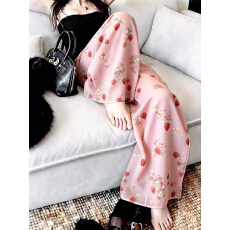 批发2026春夏新款粉色草莓印花阔腿裤显瘦百搭裤子女