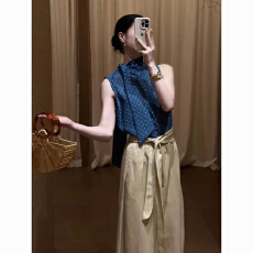 批发法式小资上衣女夏薄款高级感超好看独特别致漂亮蓝色无袖波点衬衫