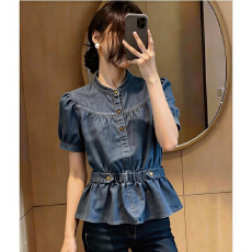 批发超好看时尚牛仔风收腰<b class='q'>衬衫</b>女2026夏季高级感百搭<b class='q'>修身</b>气质短袖上衣