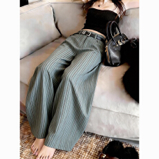 批发灰色条纹阔腿女2026春季新款时尚高腰显瘦宽松垂坠感直筒拖地裤