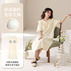 批发睡<b class='q'>裙</b>女夏季纯棉短袖花边中长款公主风带胸垫连衣<b class='q'>裙</b>可外穿