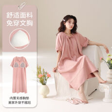 批发100%纯棉睡<b class='q'>裙</b>女士夏季短袖甜美风中长款带胸垫家居连衣<b class='q'>裙</b>