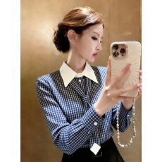 批发2026春季新款可拆卸领带设计撞色翻领拼接气质格纹收腰长袖<b class='q'>衬衫女</b>