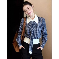 批发2026春季新款可拆卸领带设计撞色翻领拼接气质格纹收腰长袖<b class='q'>衬衫女</b>