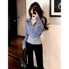 批发简约小众设计感日常通勤风蓝灰<b class='q'>假两件</b>上衣女2026早春条纹撞色<b class='q'>衬衫</b>