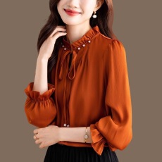 批发长袖高档衬衫2025秋款洋气女人味上衣宽松显瘦系带木耳边打底衬衣