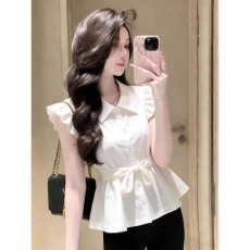 批发法式气质捏褶设计感薄款短袖衬衫女春夏宽松<b class='q'>甜美</b>通勤雪纺显瘦上衣