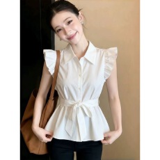 批发法式气质捏褶设计感薄款短袖衬衫女春夏宽松<b class='q'>甜美</b>通勤雪纺显瘦上衣
