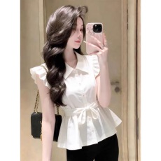 批发法式气质捏褶设计感薄款短袖衬衫女春夏宽松<b class='q'>甜美</b>通勤雪纺显瘦上衣