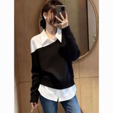 批发衬衫领撞色拼接设计感假两件卫衣2026春季新款松弛感百搭气质上衣