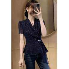 批发新款时尚高级轻奢V领波点<b class='q'>雪纺衫</b>女短袖<b class='q'>收腰</b>显瘦休闲气质衬衫上衣