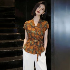 批发时尚V领雪纺衬衫女士夏季新款爆款<b class='q'>收腰</b>显瘦短袖上衣气质百搭衬衣