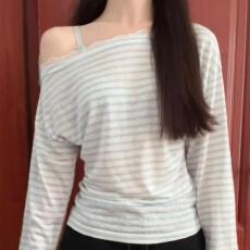 批发【官图天丝螺纹110克】美式复古纯欲风长袖<b class='q'>T</b><b class='q'>恤</b>女时尚百搭微透上衣