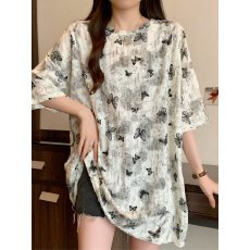 批发【官网济公布】夏季新款时尚百搭<b class='q'>中长款</b>短袖T恤女设计慵懒风上衣