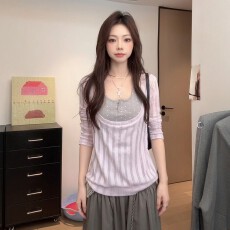 批发【官图外衣竖纹镂空条浅230克】甜酷风假两件长袖T恤女设计感上衣