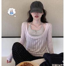 批发【官图外衣竖纹镂空条浅230克】韩系假两件长袖T恤女设计感上衣潮