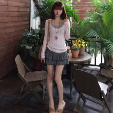批发【官图外衣竖纹镂空条浅230克】纯欲假两件长袖T恤女内搭上衣ins