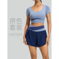 批发抖音天猫质量夏季拼色套装健身套装裸感运动套装透气修身瑜伽套装