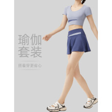 批发天猫抖音质量夏季拼色假两件瑜伽两件套防走光高腰运动健身套装女