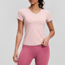 批发抖音质量新款蜜桃基础V领短袖运动健身跑步透气修身瑜伽服上衣女