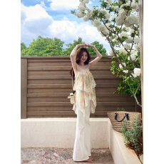 批发【奶杏鸢尾】蕾丝拼接烧花吊带女夏小衫温柔风无袖上衣