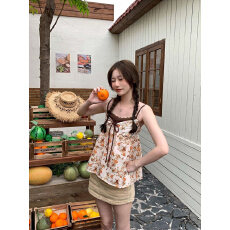 批发浪漫度假风假两件碎花吊带衫<b class='q'>女</b>夏季V领系带蕾丝拼接温柔背心上衣