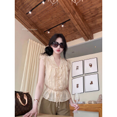 批发荷叶边v领小飞袖<b class='q'>雪纺</b>衬衫上衣女夏季度假套装高腰直筒长<b class='q'>裤</b>两件套