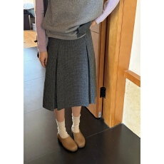 批发韩系简约<b class='q'>清新</b>氛围感气质尼子料格纹半身裙(配腰带）