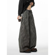 批发｜现货230g｜美式复古慵懒竖条纹百搭直筒阔腿垂感显瘦休闲长裤男