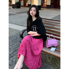 批发雪纺大码碎花<b class='q'>半身裙</b>女胖mm夏季薄款新款中<b class='q'>长款</b>显瘦百褶皱a字裙子