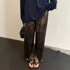 批发豹纹高腰显瘦阔腿裤女春夏秋季大码胖mm美式复古直筒显瘦拖地<b class='q'>长裤</b>