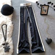 批发缎面拼接阔腿裤女夏季新款高腰垂感撞色薄款黑色直筒休闲拖地裤