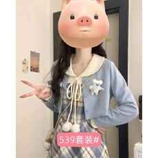 批发春季新款甜美<b class='q'>可爱</b>减龄短款开衫外套+格纹<b class='q'>连衣裙</b>法式高级感两件套