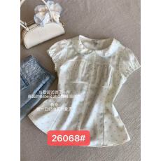 批发夏日新款小清新温柔可爱娃娃领蓝波点系带收腰拼接短袖衬衫