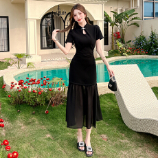 批发实拍 2026年黑色旗袍女夏装轻款国风新中式性感镂空显瘦连衣裙