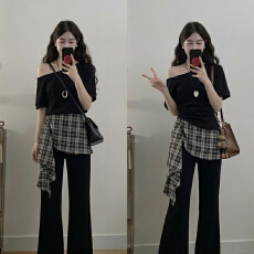 批发M-4XL大码两件套韩系高级感露肩休闲套装夏时尚宽松显瘦短袖显瘦