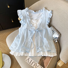批发韩系<b class='q'>假两件</b>无袖<b class='q'>衬衫</b>女夏季2026新款木耳边宽松系带娃娃衫上衣潮