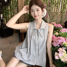 批发设计法式高级条纹蝴蝶结<b class='q'>衬衫</b>2025夏季新款无袖上衣显瘦背心女
